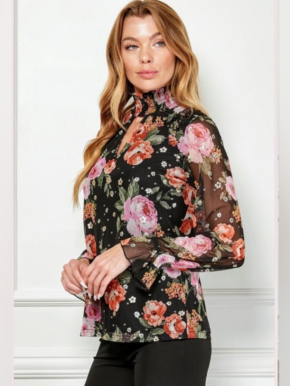 Poppi Sheer Black Floral Mock-Neck Blouse with Pink & Peach Blooms
